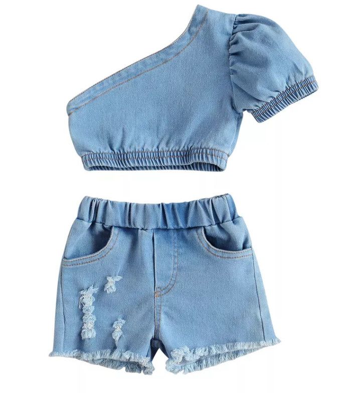 Niños de verano Ropa Conjuntos Moda Niños Un hombro de corta + Pantalones cortos de vaquero 2pcs Insulaciones para niñas