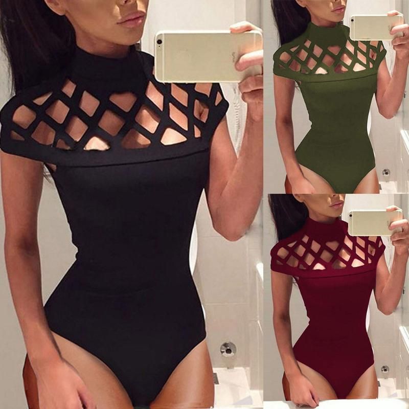 New Womens Casual Choker High Neck Bodycon Caged Sleeves Jumpsuit Bodysuit Tops 
