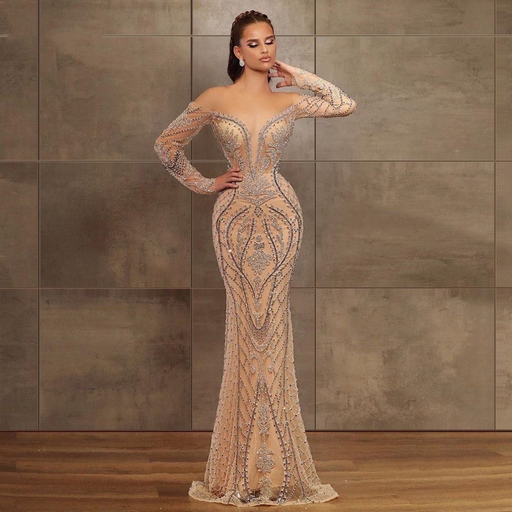 Champagne Beaded Mermaid Prom Dresses 
