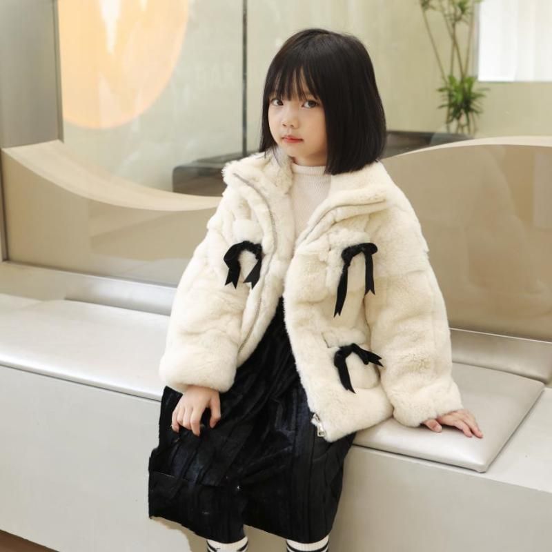 Jackets Children Red Fur Coat Winter Natural Rex Overcoat Bow