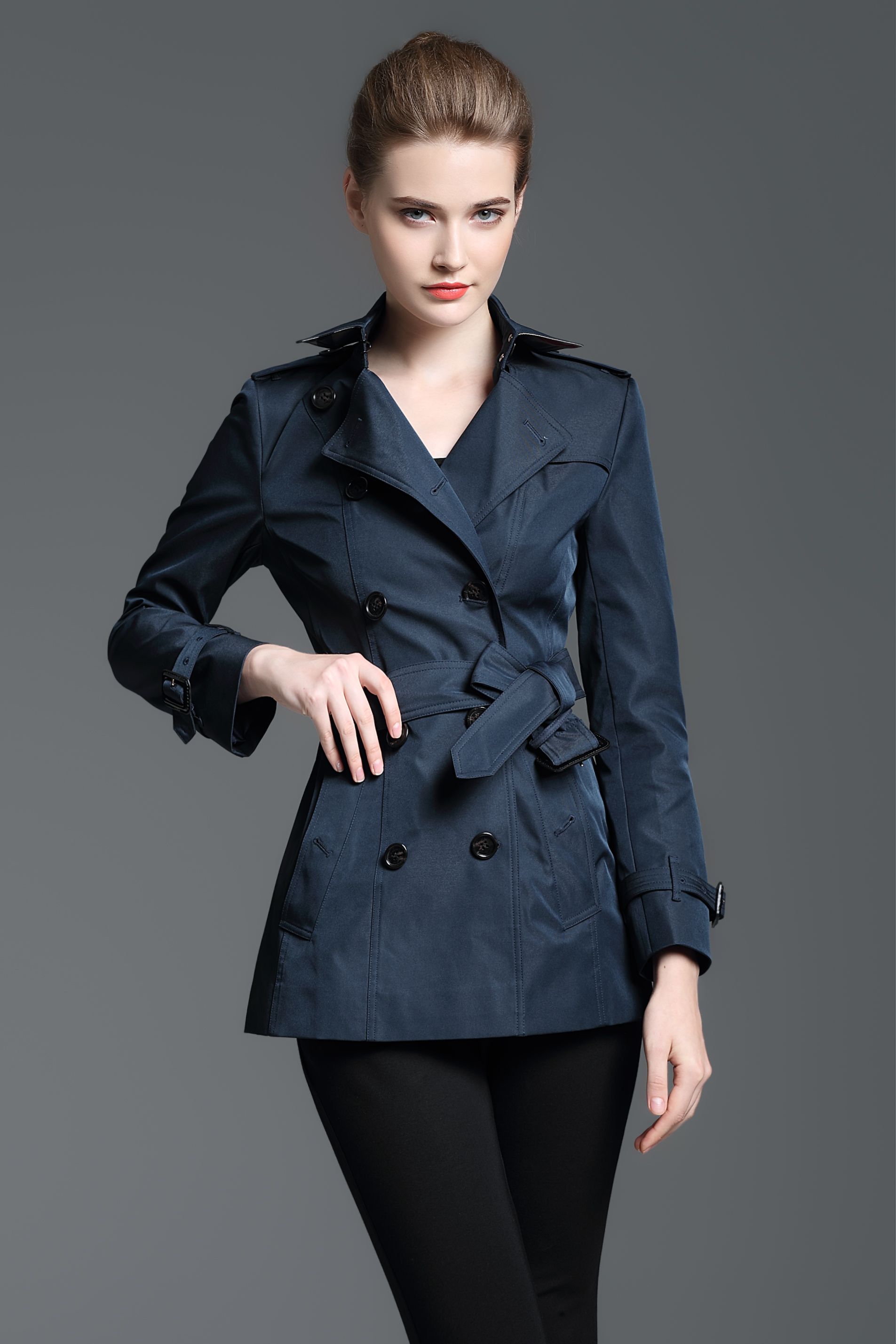 blue short trench coat