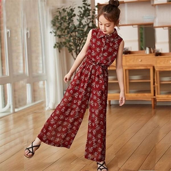 Adolescentes Traje Summer Floral Chiffon Tops Amplio Pantalones de pierna conjuntos 2pcs Niños Muchacha Trajes