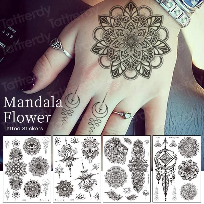 Línea del sitio Sociedad Consciente Tatuajes Temporales Mandala Pegatina Pegatina Joyería Henna Black Encaje  Lotus Flowers Mehndi Pegatinas Para Finger Hand