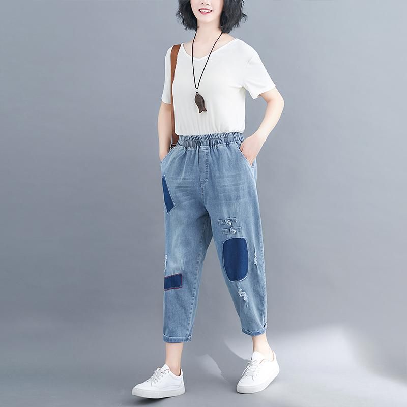 Compra Jeans Para Mujer Pantalones De Mezclilla Mujeres Tobillo Longitud  2021 Botones De Placa De Verano Cintura Elástica Patchwork Hole Harem  Barato | Entrega Rápida Y Calidad | Es.Dhgate