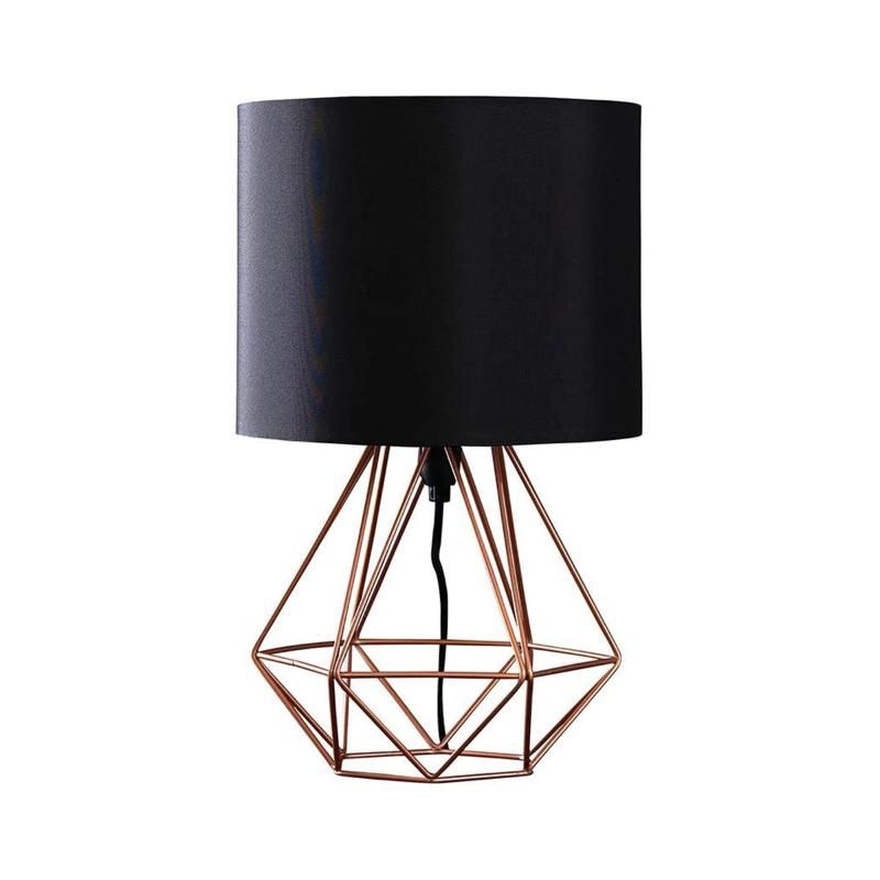Modern Copper Metal Basket Cage Style Table Lamp with a White Fabric Shade