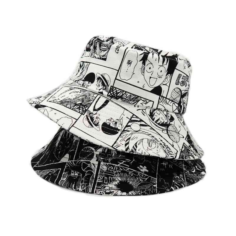 Japanese Anime Bucket Hats Reversible Fisherman Hat Double Sided Panama Caps  Boy Hiphop Bob Caps Windproof Sunhat With Rope