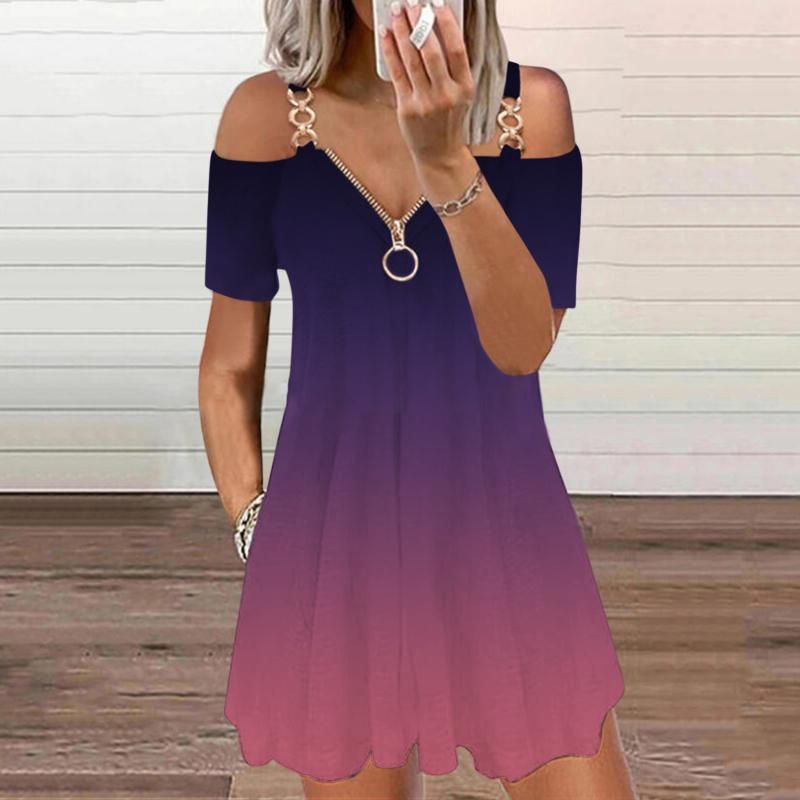 Vestidos casuales vestido degradado de damas hombro de verano simple hembra cremallera v cuello corto playa Vestidos casuales vestido degradado de damas hombro de verano simple hembra cremallera v cuello corto playa