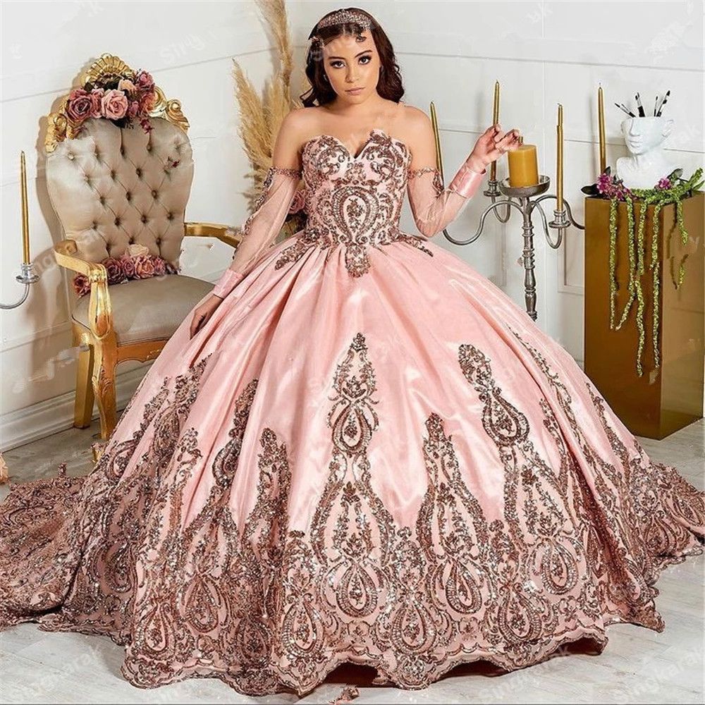 2022 Pink Sweet 16 Bola Vestido Quinceañera Vestidos de manga larga Vestido de fiesta de fiesta 2022 Pink Sweet 16 Bola Vestido Quinceañera Vestidos de manga larga Vestido de fiesta de fiesta