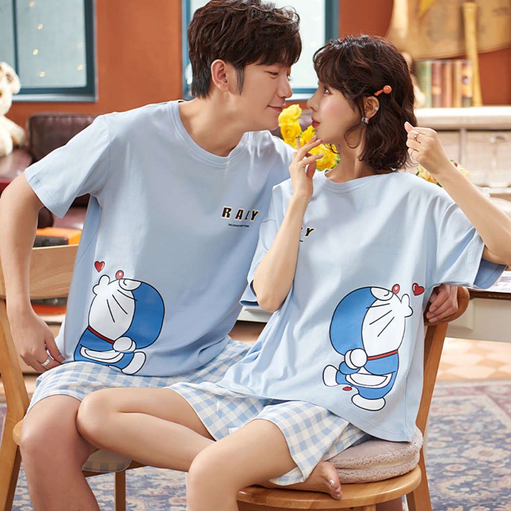 Japan Anime Doraemon Funny Pajamas Sets Women Men Summer Cats Night Clothes  Korean Blue Plate Short Mouw Lovebirds Homewear