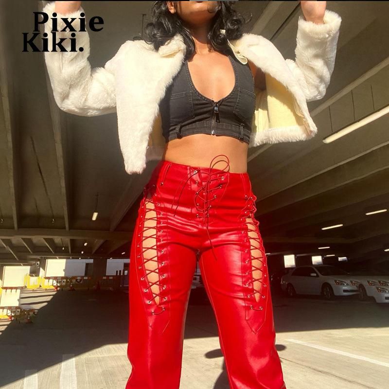 Acquistare Pixiekiki Cyber Y2k PU Pantaloni In Pelle Pantaloni Rossi In  Vita Alta Cava Scava Fuori Fasciatura Gamba Dritta Streetwear Donne Sexy  Pantaloni P71GZ34 Capris Da Donna Economico | Consegna Veloce E