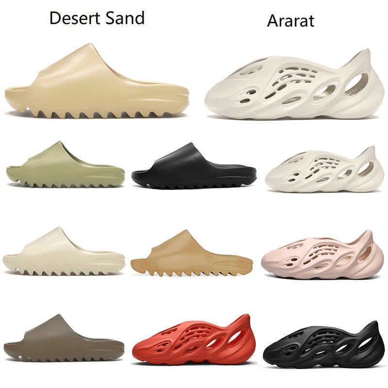 2021 met doos slippers kanye west sandalen schoenen drievoudig zwart wit  gele dia's sok bot hars woestijn zand aarde bruin mannen womens slipper