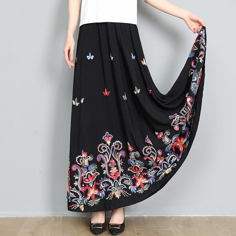 Faldas Bordado Floral Falda Larga Cintura Alta Elástica Algodón Casual Liberada Longitud Para