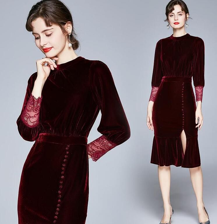 Compra Vestido De Terciopelo Rojo Oscuro Elegante Otoño Vestidos De Cálido  Mujeres Encaje Vestido Sexy Mujeres Rodilla Longitud Manga Larga Vintage  Wjl0031 Barato | Entrega Rápida Y Calidad | Es.Dhgate