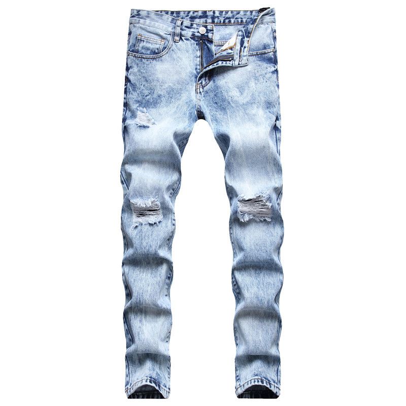 Mens Slim Fit Hole Light Blue Jeans Straight Leg Colorblock Men Denim Pants Regular Cotton Jean Destroyed Pant Hip Hop Casual Big Size Trousers 28 42 YK9217 From Xichat, $32.48 | DHgate.Com