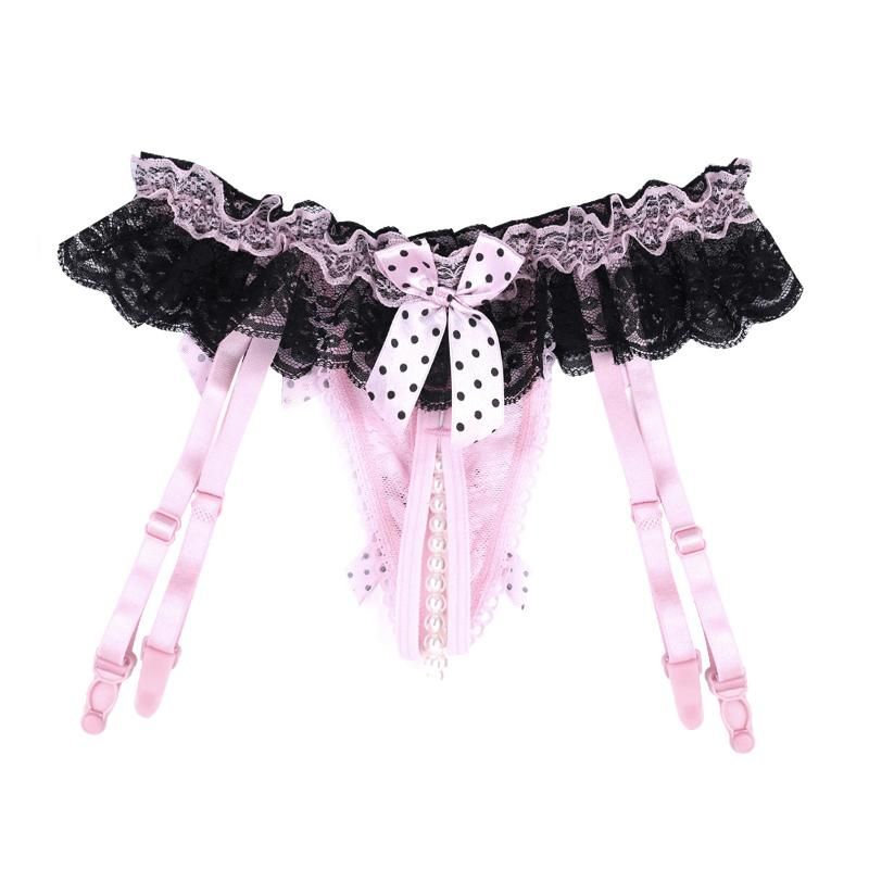 Women Sissy Panties Pearl Chain Ruffle Lace Open Crotch G-string Garter Briefs 
