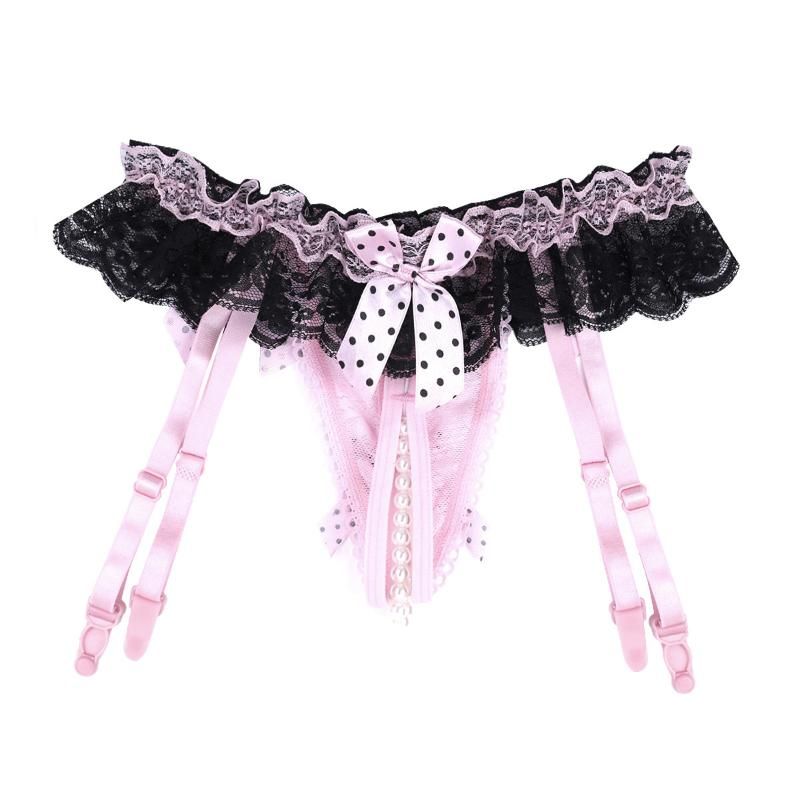 Women Sissy Panties Pearl Chain Ruffle Lace Open Crotch G-string Garter Briefs Women Sissy Panties Pearl Chain Ruffle Lace Open Crotch G-string Garter Briefs