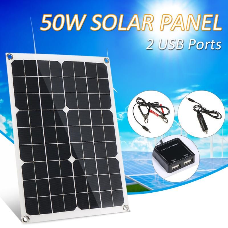Panel solar monocristalino de 50W 18V Kit de cargador USB dual 18V 5 Panel solar monocristalino de 50W 18V Kit de cargador USB dual 18V 5