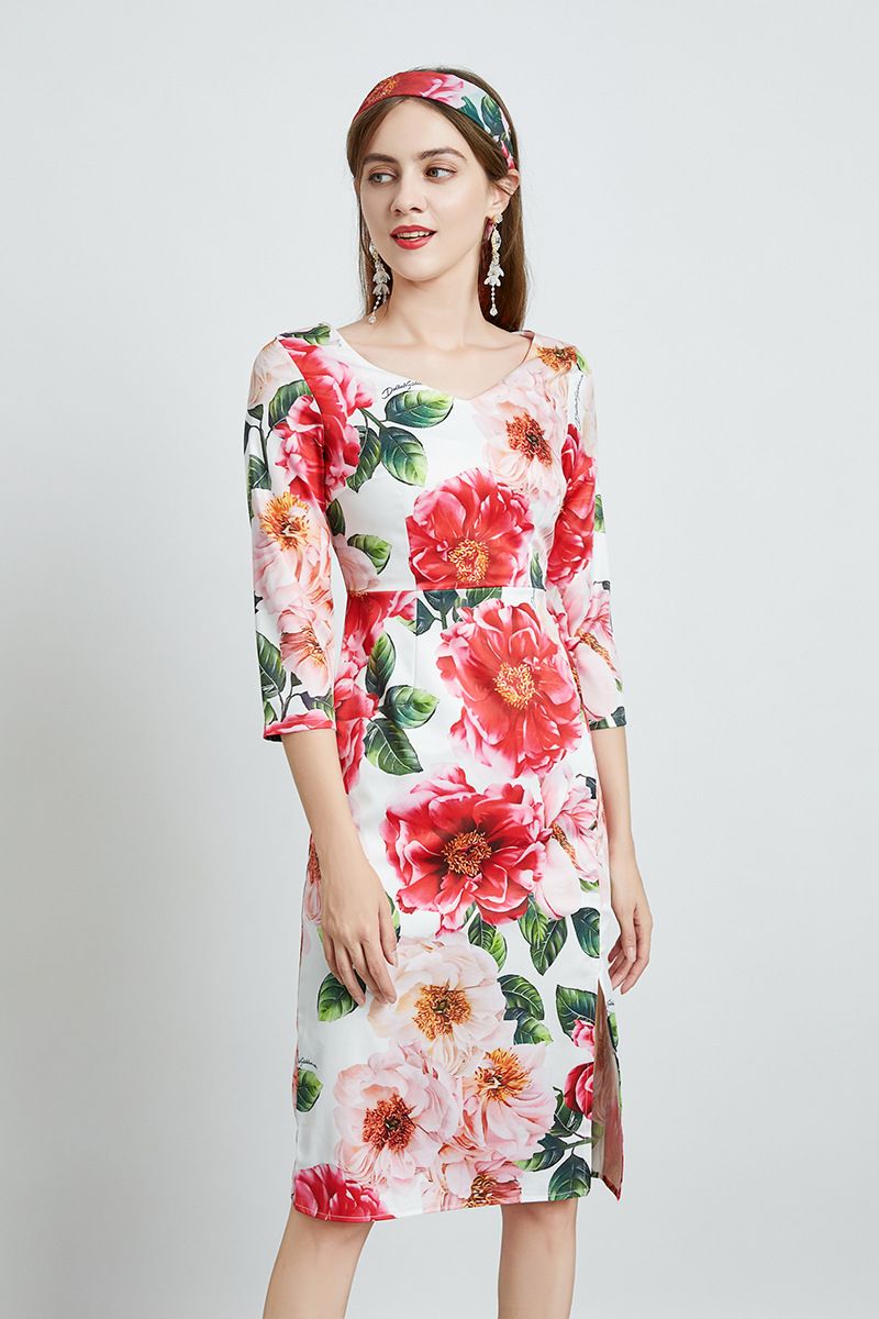 Sliming Dress 21 Womens Fashion Floral Printing Dresses V Neck 3 4 Sleeve Lady Summer Midi Casual Wear From Asymee597 35 17 Dhgate Com