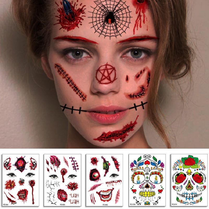 Halloween Temporary Face Tattoos, Black Skeleton Web Red Roses Full Face Mask  Tattoo for Women Men Adult Kids Boys Halloween Party Favor Supplies 