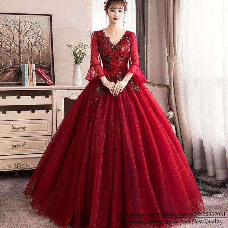 Quinceañera Vestidos 2021 Vino Rojo 3/4 Manga Larga Princesa Partido PROM Formal Cuello En V Organza Bola Bola Encaje Vestidos De Q04 De 71,65 € | DHgate