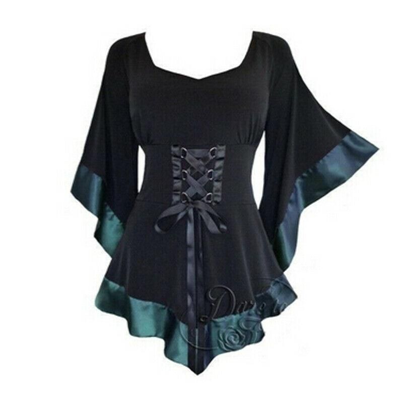 Women Ladies Gothic Steampunk Flared Sleeve Lace Up Loose T-Shirt Tops Plus Size