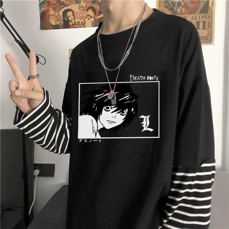 Japanese Manga Anime Death Note T Shirt Funny Cartoon L Lawliet Tops Summer Korean Fashion Fake Two Piece Stripes T-shirts Male Men's Japanese Manga Anime Death Note T Shirt Funny Cartoon L Lawliet Tops Summer Korean Fashion Fake Two Piece Stripes T-shirts Male Men's