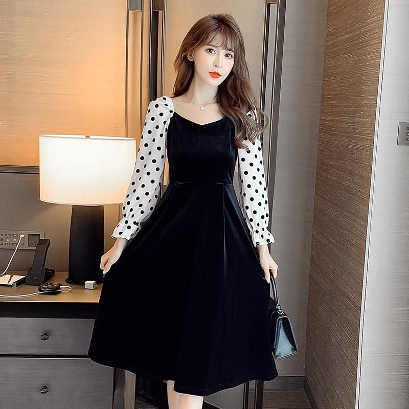 Vintage de manga larga para mujer vestido de una sola pieza vestidos de lunares coreanos negro Vintage de manga larga para mujer vestido de una sola pieza vestidos de lunares coreanos negro