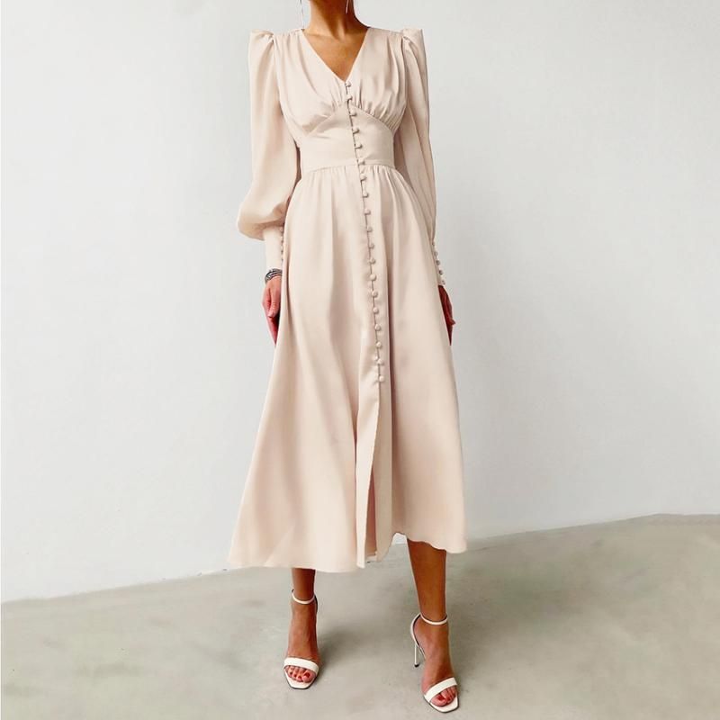 Compra Vestidos Casuales Beige Soltera Siguedada Vestido Sexy Partido  Cintura Alta Satén Largo Elegante V Cuello Mujer Midi Lantern Sleeve 2021  Barato | Entrega Rápida Y Calidad | Es.Dhgate