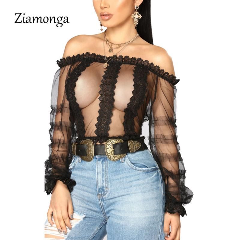 las mujeres Ziamonga Bordado Transparente Malla de encaje Blusa Camisa Mujeres Sexy Manga