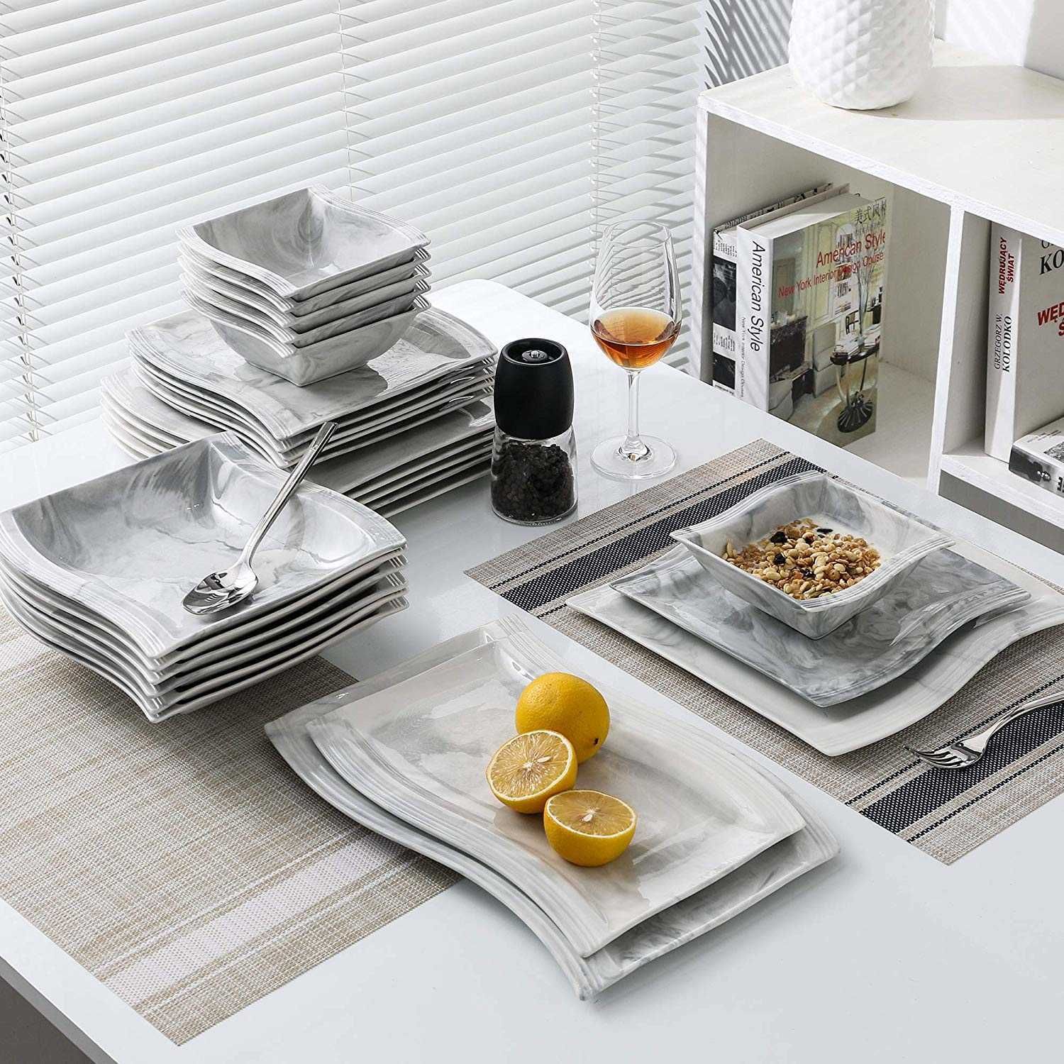 MALACASA Blance 30-Piece Porcelain Marble Grey Dinnerware Set