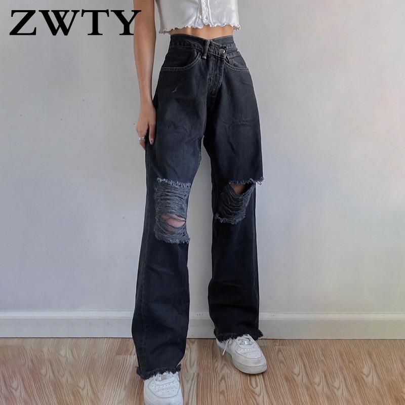 Fonética Acuario aventuras Jeans Mujeres Zwty Fashion Agujeros de la Moda Alta Cintura 80s Vintage  Streetwear Pantalones coreanos sueltos