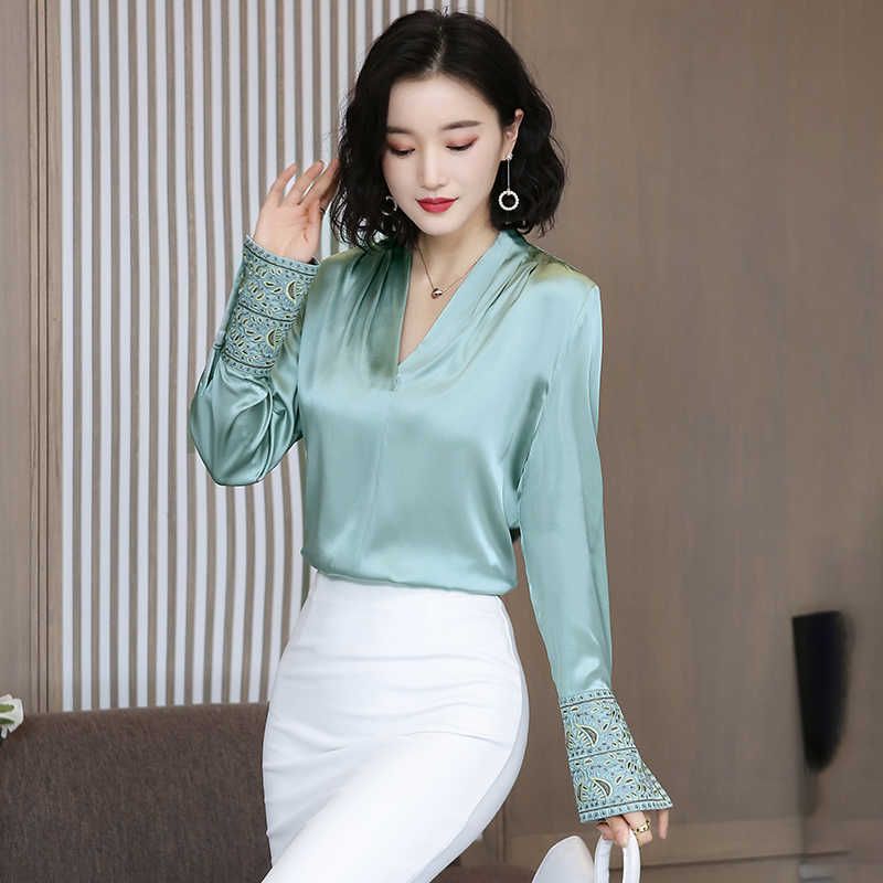 #Green Camisas coreanas de seda para mujer,blusa de satén para mujer,camisa de talla grande,blusas elegantes de manga larga bordadas para mujer,Tops y blusas para mujer 