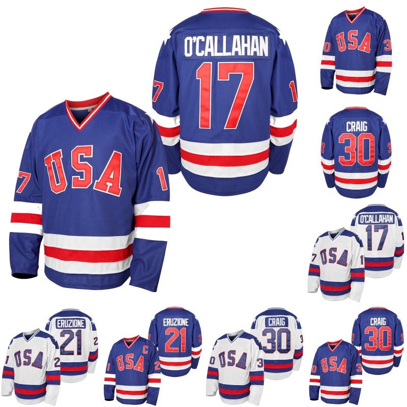 1980 USA Olympic Hockey #21 Mike Eruzione #17 Jack OCallahan #30 Jim Craig Miracle On Ice Hockey Jersey White Blue 
