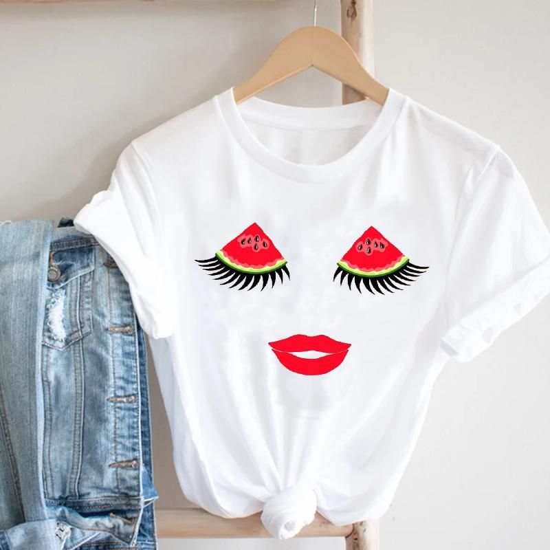 Camiseta para mujer Mujeres Casual Lindo Dibujos animados Ojos Labios Impresión Funny Summer 90s Ladies Moda Camiseta para mujer Mujeres Casual Lindo Dibujos animados Ojos Labios Impresión Funny Summer 90s Ladies Moda