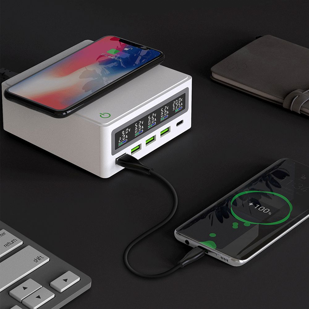 Fem USB- och typ C port 65W QC3.0 Power Adapters med LED-visningsfunktion för snabb trådlös laddning av Qi iPhones, Samsung, Xiaomi-telefoner eller tabletter