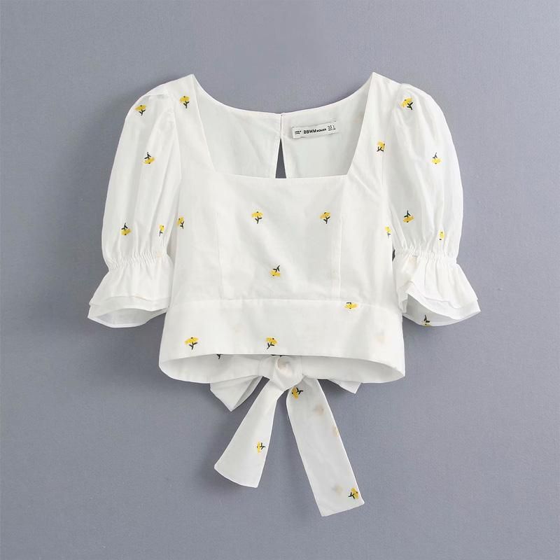 Blusas para mujer Camisas 2021 Ladies Juvenil Floral Camisa corta cuadrado Halter Bow