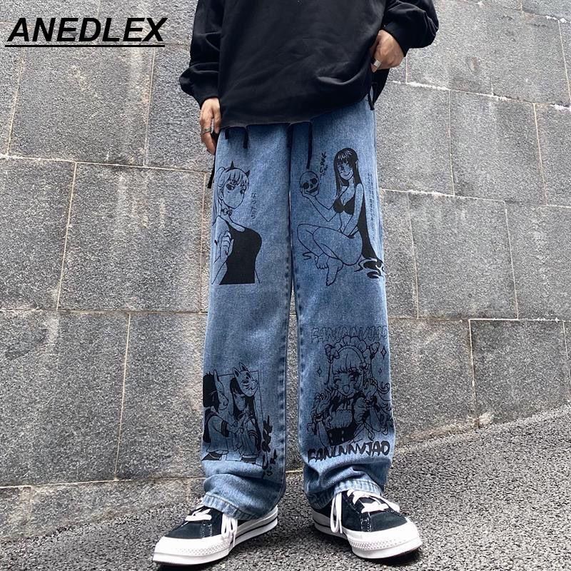 Compra Jeans Para Hombre Harajuku Estilo Pantalones De Pierna Ancha Calle  Retro Dibujos Animados Anime Girl Estampado Denim Planchas 2021 Hip Hop  Casual Barato | Entrega Rápida Y Calidad | Es.Dhgate