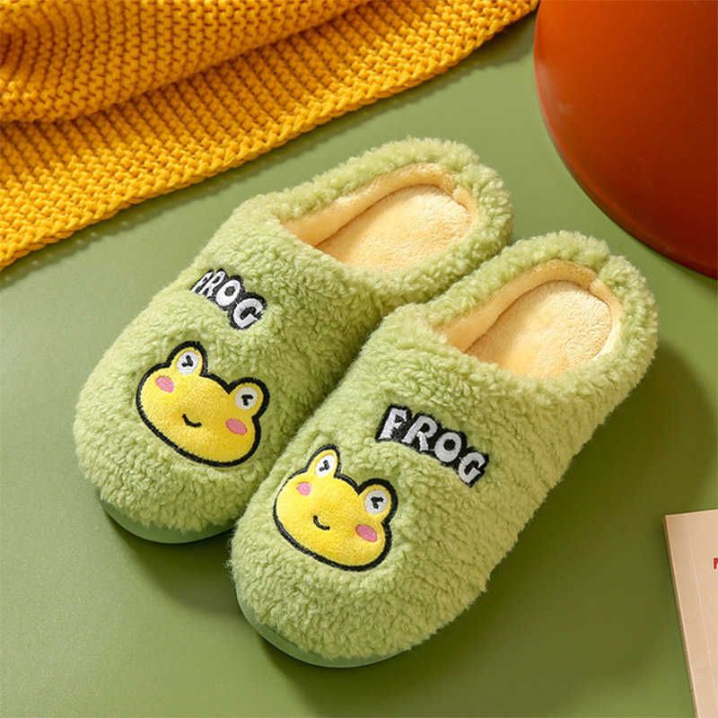 Zapatillas para mujer Zapatos de invierno Casa Cálida Piel Lindo Rana Zapatillas Damas Dibujos animados