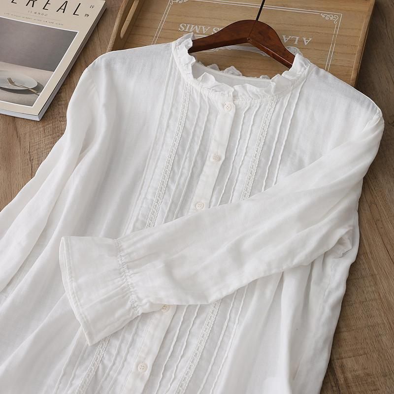 Blusas de mujer Camisetas Lamtrip Hilo algodón con Cuello Plisado Puesta de encaje de