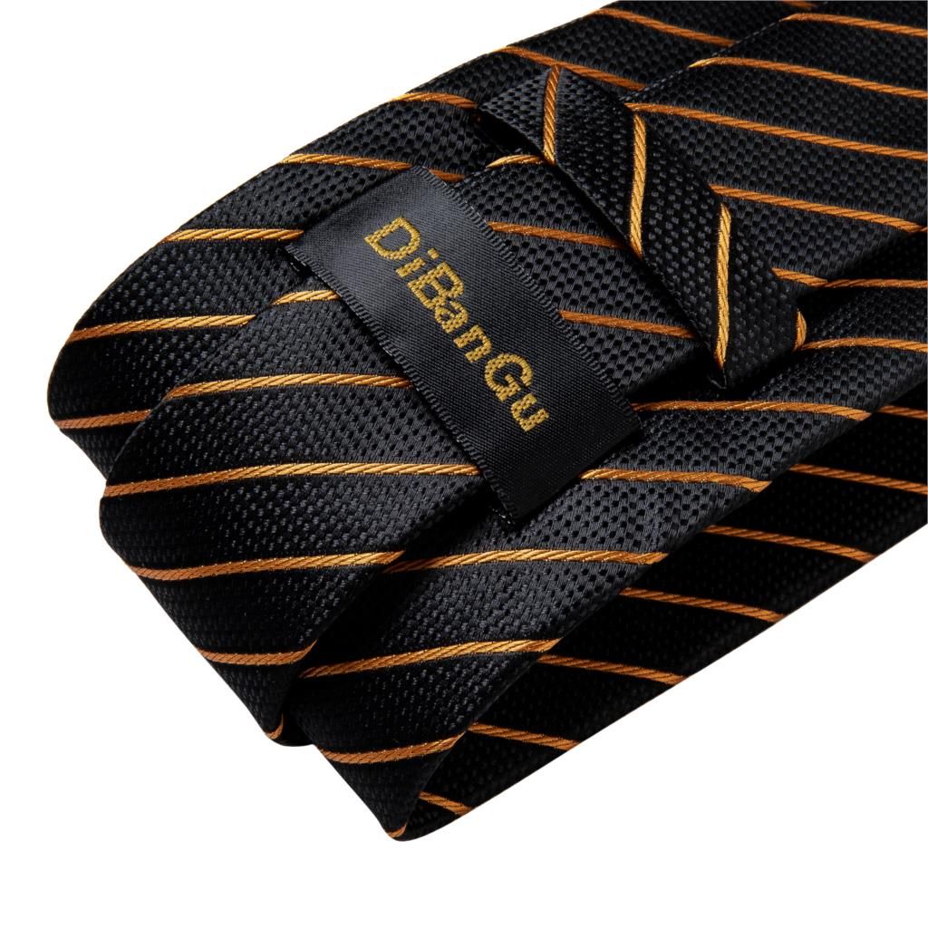 Mens Wedding Tie Gold Black Striped Silk Neck Ties For Men Hanky