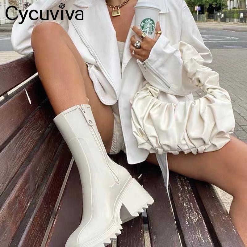 Cycuviva Square Toe Rain Boots For Women Chunky Heel Thick Sole Ankle Boots  Designer Chelsea Boots Ladies Rubber Boot Rain Shoes Y0910 From Misihan06,  $63.13