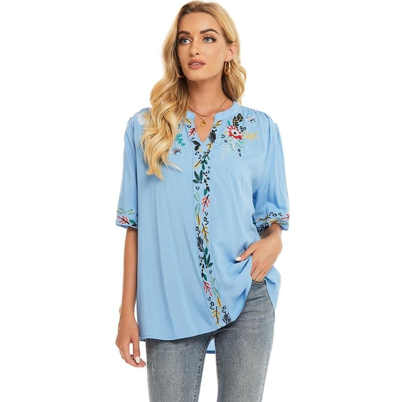 Blusas de mujer Camisas Le Luz Bordado Floral Blusa Camisa Azul Algodón Verano Mujeres Mexicanas Menos Blusas de mujer Camisas Le Luz Bordado Floral Blusa Camisa Azul Algodón Verano Mujeres Mexicanas Menos
