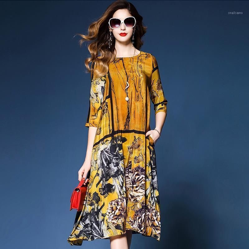 100% silk dress women autumn retro A-line printing loose plus size dress S-3XL