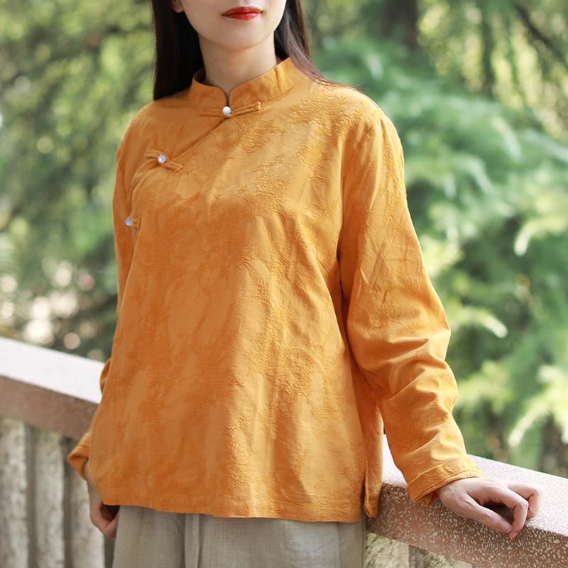 Jacquard Blusa de larga 2021 Moda Camisa Blusas Chinas Tradicionales Blusas Soporte Cuello