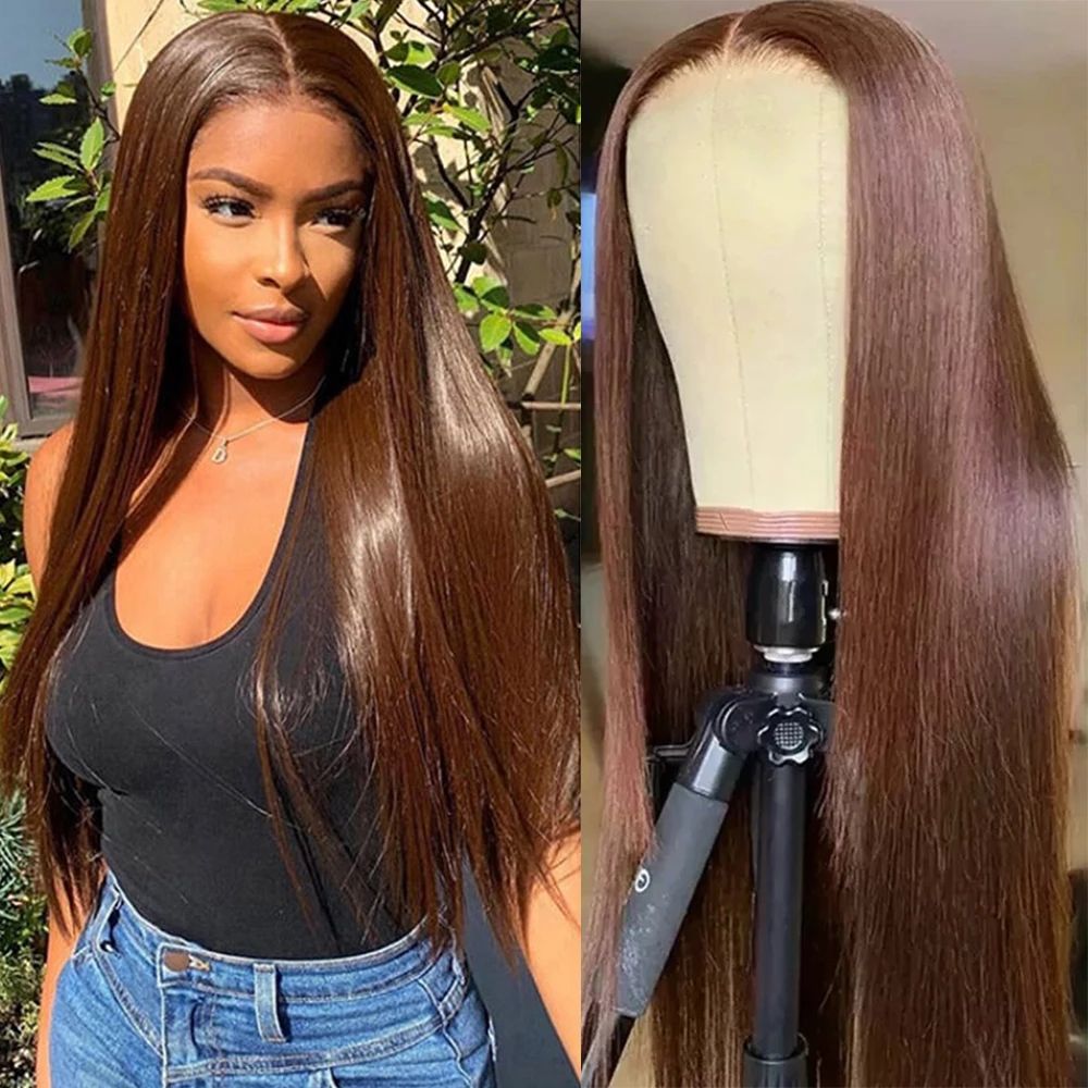 Straight Human Hair Wigs For Black Women Auburn chocolate Brown Color 360  Lace frontal Wig Pre