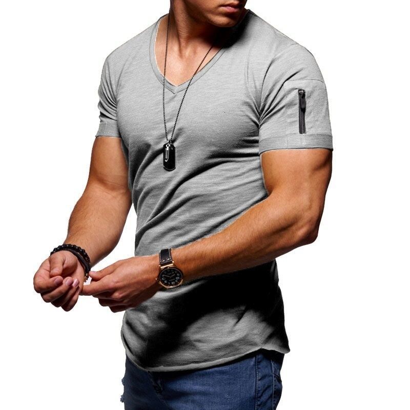 Slim Fit erkek V Yaka T Gömlek Spor Bodybulding T Shirt Hip Hop Yüksek Sokak Yaz Kısa Kollu Fermuar Kol T-Shirt Tops