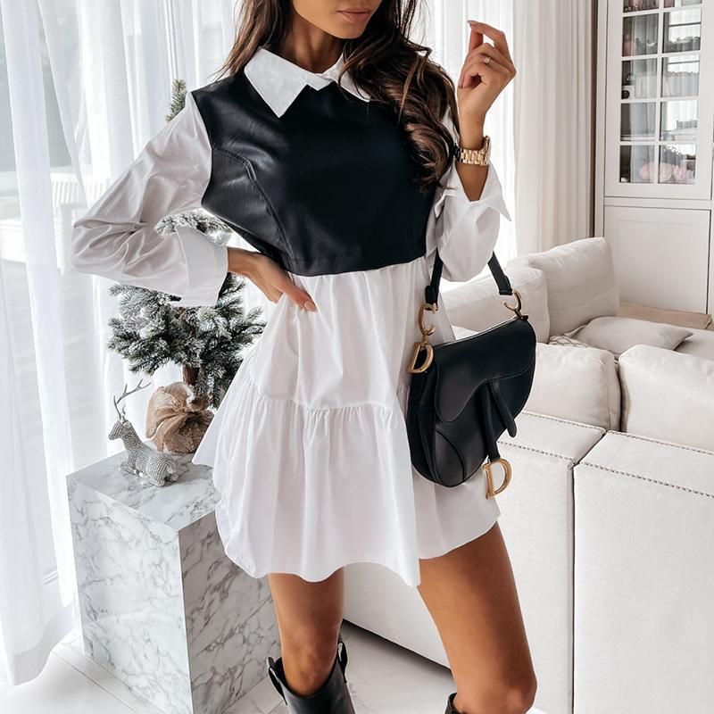Mujeres Faux cuero patchwork camisa blanca vestido 2021 primavera casual  manga larga plaid chic lady mini