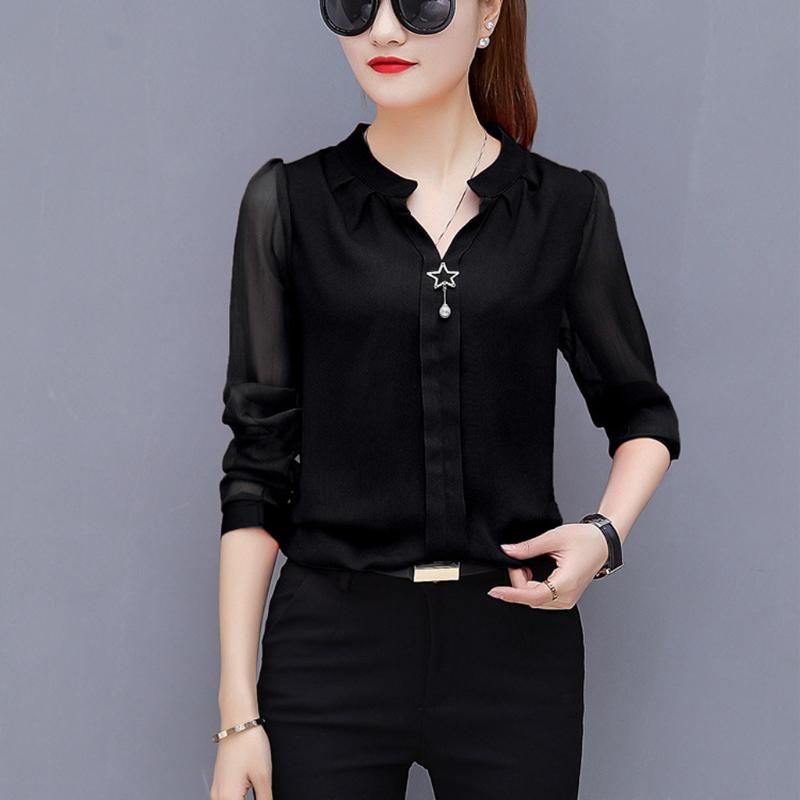 Blusas de mujer Camisas Blusa de mujer Blusa de gasa sólida Elegante manga larga con cuello Blusas de mujer Camisas Blusa de mujer Blusa de gasa sólida Elegante manga larga con cuello