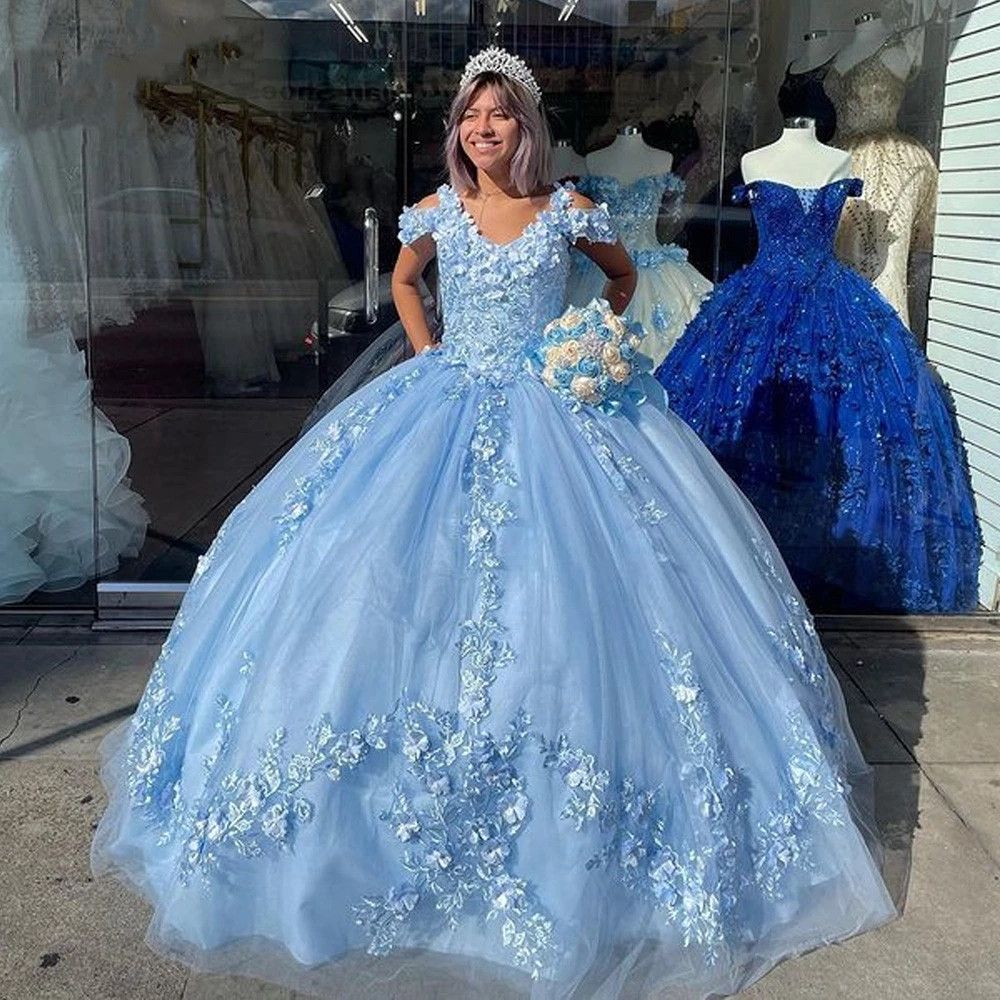 Vestido de quinceañera azul cielo mexicano con apliques florales 3D Vestidos XV Años Sweet 16 Vestido Vestido de quinceañera azul cielo mexicano con apliques florales 3D Vestidos XV Años Sweet 16 Vestido