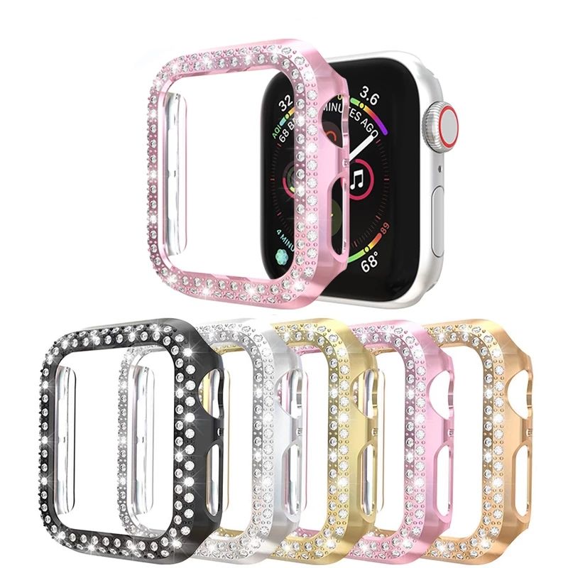 Compra Doble Filas Diamond Case Para Apple Watch SE Serie 7 6 5 4 3 2 1  Moda Mujeres Cubierta Para Mujer PC Diamantes Protector Cajas De  Parachoques FIT IWATCH 41mm 45mm